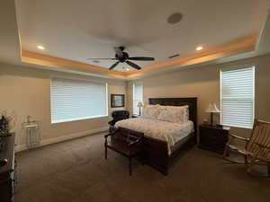 Bedroom with a tray ceiling, ceiling fan, and carpet floors