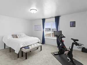 Bedroom with light colored carpet and a textured ceiling