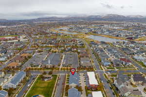 Bird's eye view with a water and mountain view