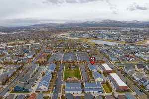 Bird's eye view featuring a water and mountain view