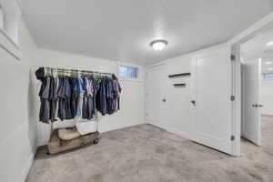 Walk in closet with light colored carpet