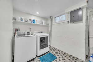 Laundry room featuring electric panel and washer and clothes dryer