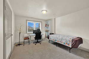 Third Bedroom in basement. Carpeted bedroom featuring a textured ceiling