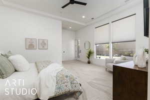 Bedroom with recessed lighting, light carpet, a ceiling fan, baseboards, and visible vents