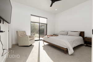 Bedroom with access to outside, ceiling fan, and light colored carpet