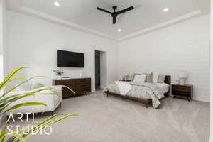 Bedroom featuring recessed lighting, a ceiling fan, and light colored carpet