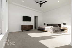 Unfurnished bedroom featuring ceiling fan and light colored carpet