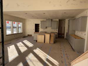 Kitchen featuring gray cabinets and a kitchen island