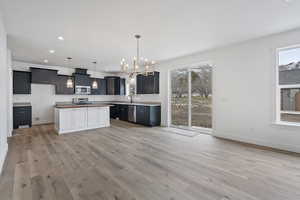 Kitchen featuring a kitchen island, pendant lighting, sink, light hardwood / wood-style floors, and stainless steel appliances