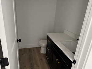 Bathroom featuring toilet, vanity, and hardwood / wood-style flooring