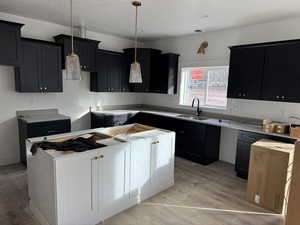 Kitchen featuring a center island, sink, hanging light fixtures, a textured ceiling, and light hardwood / wood-style floors