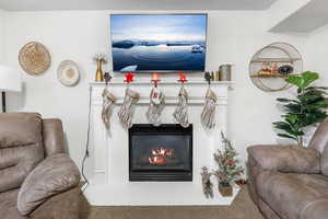 Carpeted living room with a fireplace