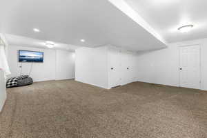 Basement featuring carpet