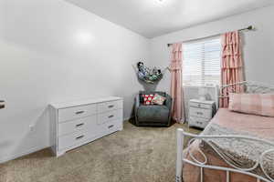 Bedroom featuring light colored carpet