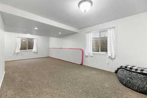 Carpeted family  room with a textured ceiling