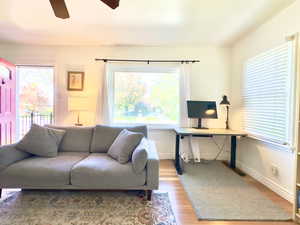 Living room featuring ceiling fan and light hardwood / wood-style floors