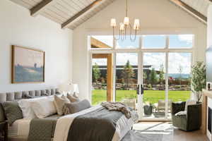 Master Bedroom with an inviting chandelier, high vaulted ceiling, light wood-type flooring, beamed ceiling, and access to exterior