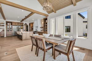 Dining area featuring an inviting chandelier, light hardwood / wood-style flooring, lofted ceiling with beams, and a healthy amount of sunlight