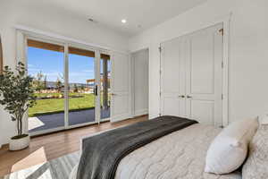 ADU Bedroom with access to exterior, a closet, and light wood-type flooring