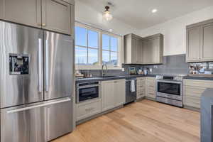 Mother in law/ADU Kitchen featuring sink, gray cabinetry, tasteful backsplash, appliances with stainless steel finishes, and light hardwood / wood-style floors