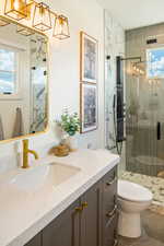 Bathroom featuring a shower with door, vanity, and toilet