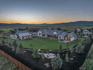 Aerial view at dusk with a mountain view