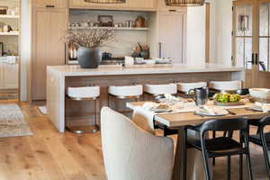 Bar featuring light brown cabinetry, light hardwood / wood-style floors, and backsplash