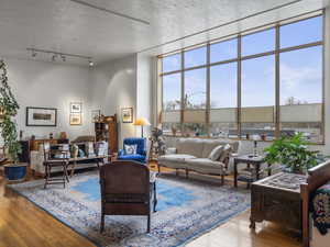 Living room with a wealth of natural light, a textured ceiling, and hardwood / wood-style flooring