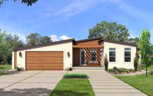 Contemporary house with a front yard and a garage