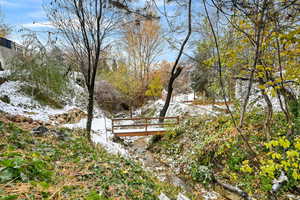 View of yard layered in snow