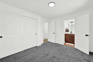 Primary bedroom featuring ensuite bathroom, gray carpet, and a closet