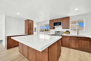 Kitchen with a center island, light wood-type flooring, sink, and stainless steel appliances