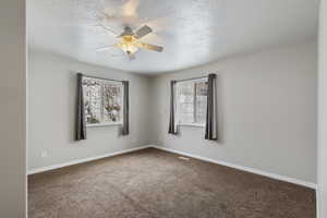 Carpeted empty room featuring a textured ceiling, a wealth of natural light, and ceiling fan