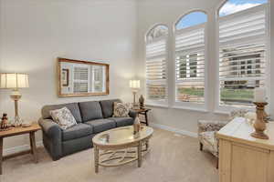 Living room featuring a wealth of natural light, light carpet, and a high ceiling