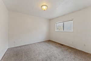 Empty room with carpet and a textured ceiling