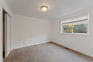 Unfurnished bedroom with carpet flooring, a closet, and a textured ceiling