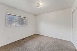 Carpeted empty room featuring a textured ceiling