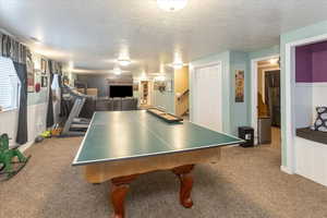 Rec room with a textured ceiling and carpet floors