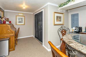 Carpeted home office featuring electric panel, a textured ceiling, and ornamental molding