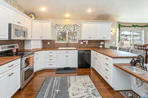 Kitchen featuring white cabinets, stainless steel appliances, dark wood-type flooring, and sink