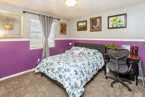 Carpeted bedroom with a textured ceiling