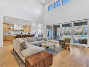 Living room with french doors, a high ceiling, and light hardwood / wood-style flooring