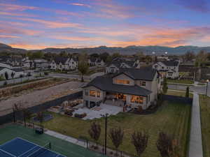 Aerial view at dusk with a mountain view