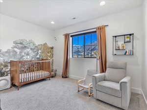 Carpeted bedroom featuring a nursery area