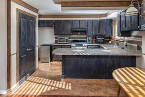 Kitchen featuring backsplash, kitchen peninsula, sink, and appliances with stainless steel finishes