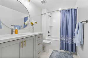 Bathroom featuring toilet, visible vents, shower / bath combination with curtain, and vanity