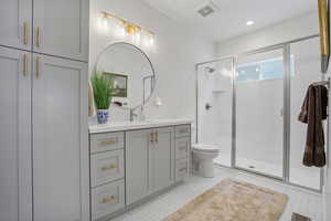 Bathroom with toilet, a shower stall, visible vents, and vanity