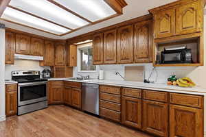 Kitchen with sink, stainless steel appliances, and light wood-type flooring