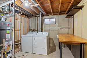 Laundry room featuring separate washer and dryer and strapped water heater