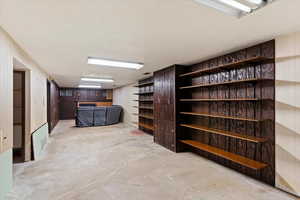 Basement featuring wood walls